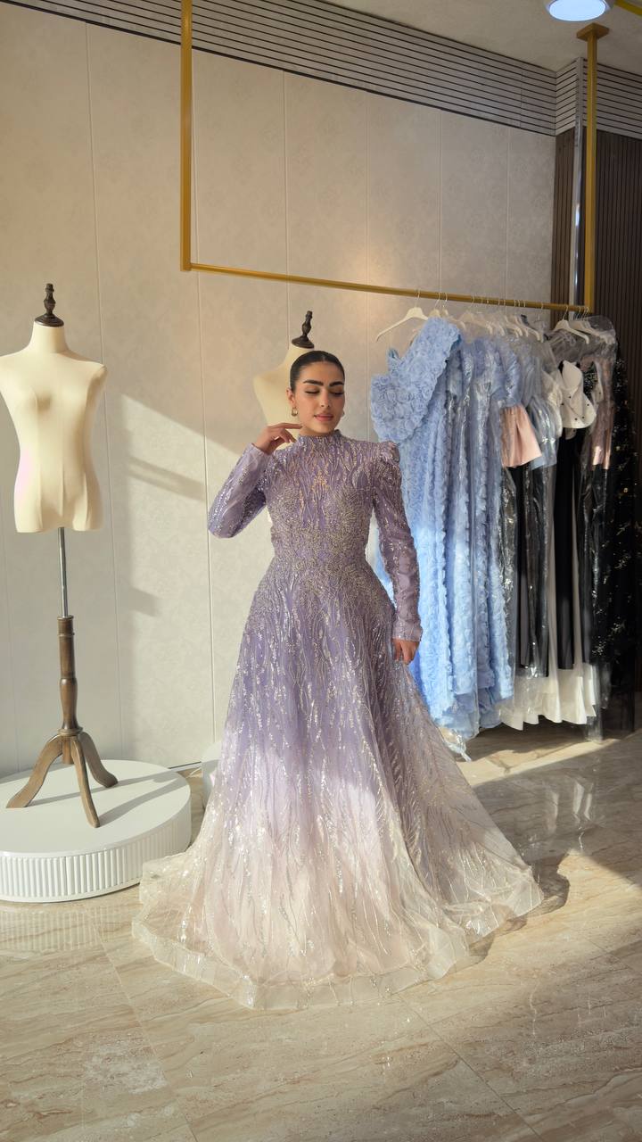 Lavender Embellished Full Sleeve A-Line Gown with High Neck