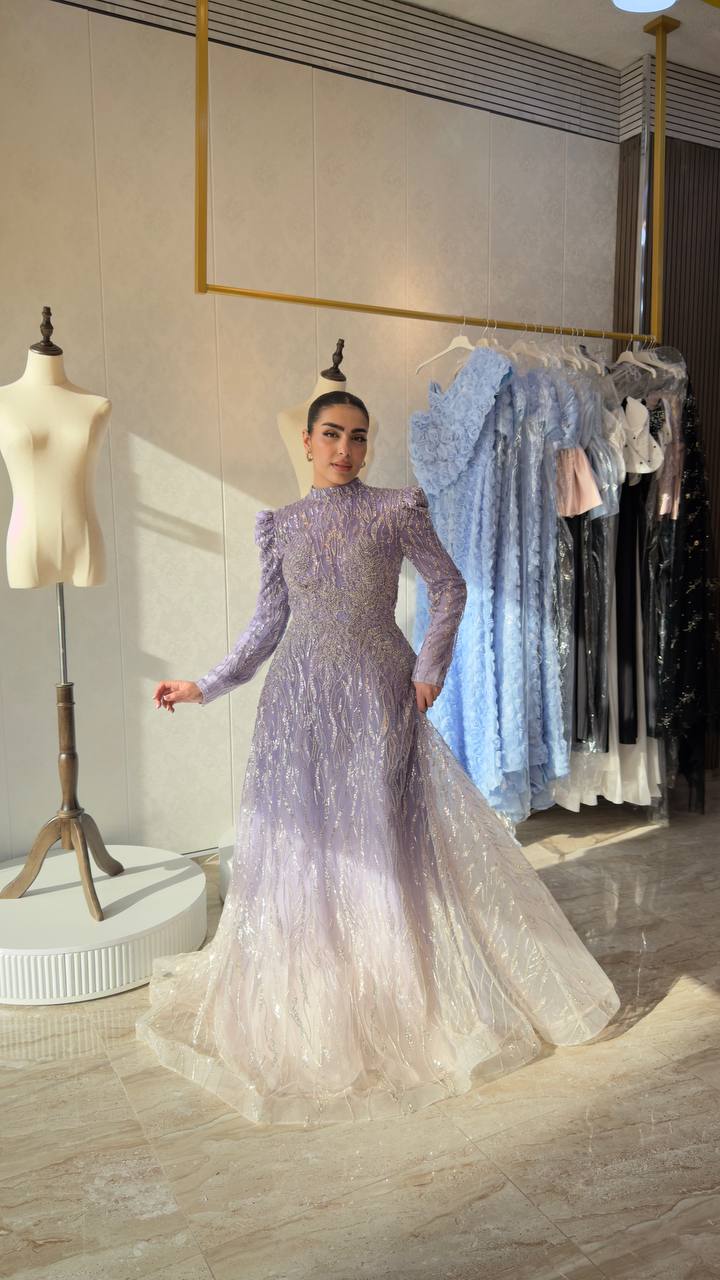 Second image of Lavender Embellished Full Sleeve A-Line Gown with High Neck