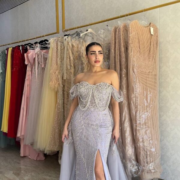 Silver Embellished Off-Shoulder Corset Gown with Thigh-High Slit