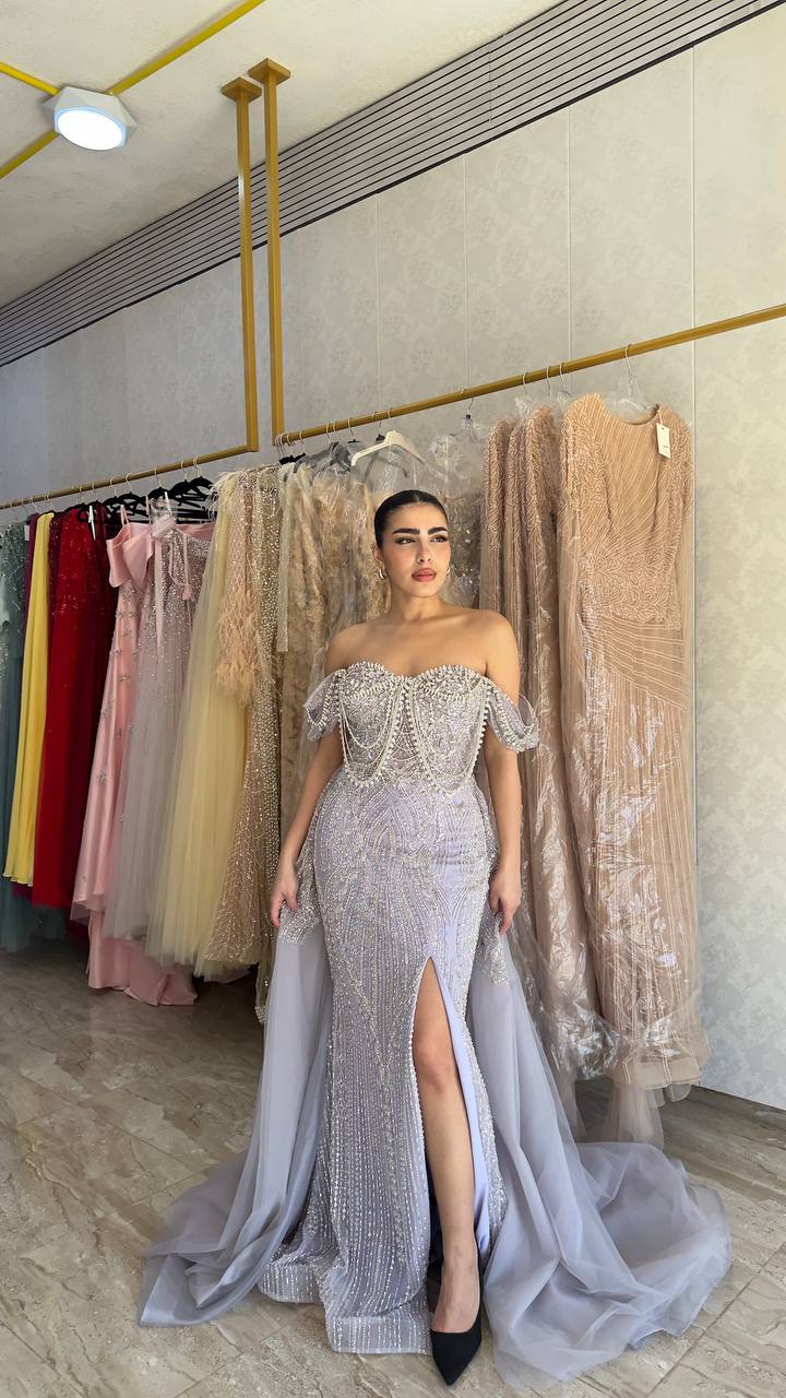 Silver Embellished Off-Shoulder Corset Gown with Thigh-High Slit