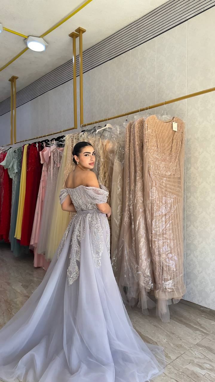 Second image of Silver Embellished Off-Shoulder Corset Gown with Thigh-High Slit