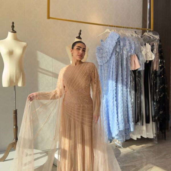 Champagne Embellished Full Sleeve Gown with Sheer Cape