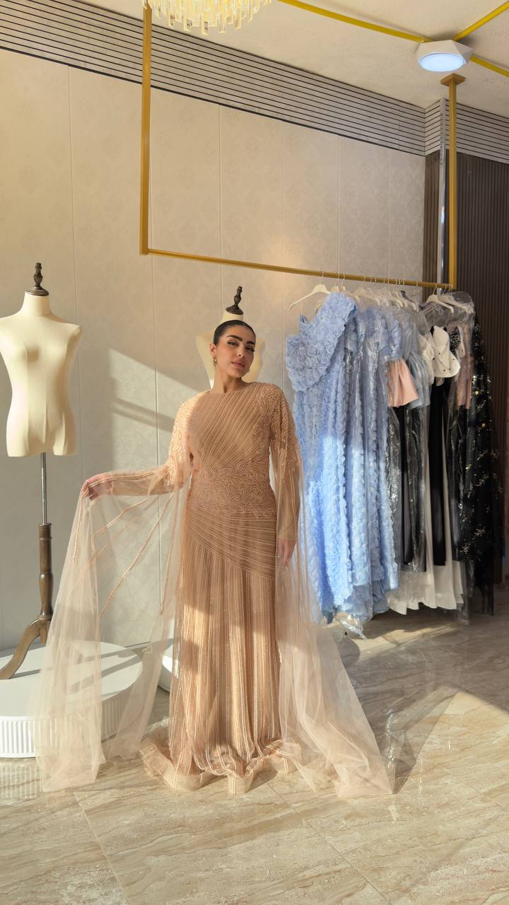 Champagne Embellished Full Sleeve Gown with Sheer Cape