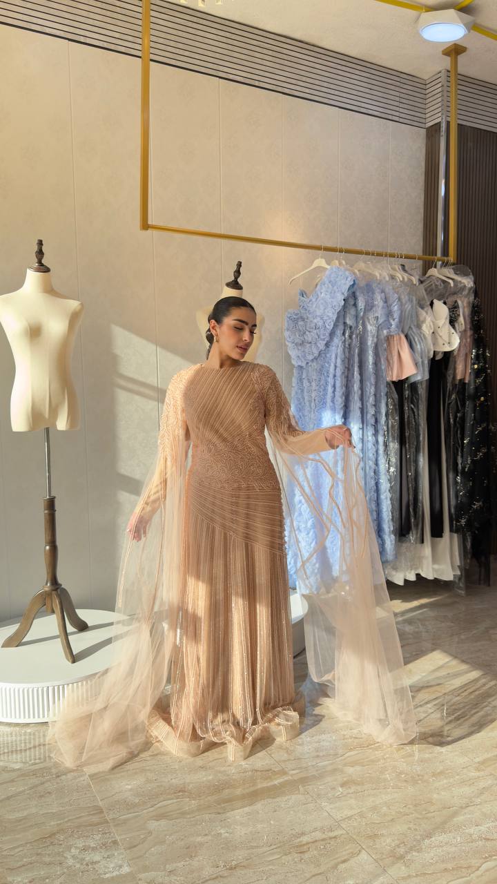 Second image of Champagne Embellished Full Sleeve Gown with Sheer Cape