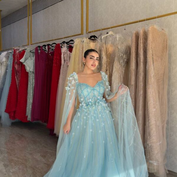 Sky Blue Embellished Princess Gown with Sheer Cape Sleeves