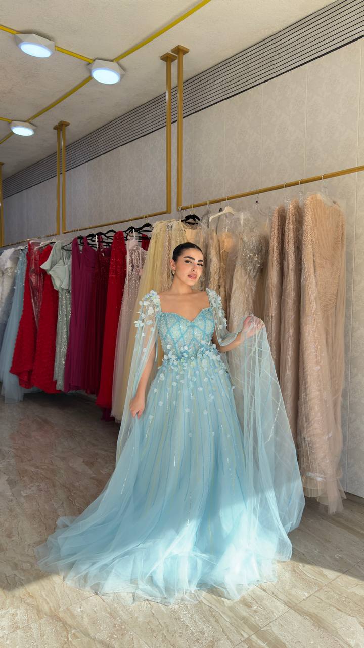 Sky Blue Embellished Princess Gown with Sheer Cape Sleeves