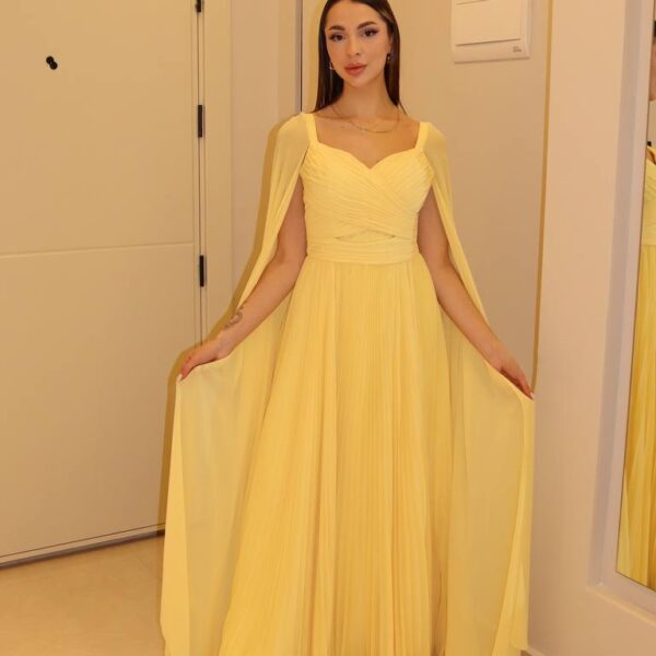 Pastel Yellow Chiffon A-Line Evening Gown with Draped Bodice & Cape Sleeves