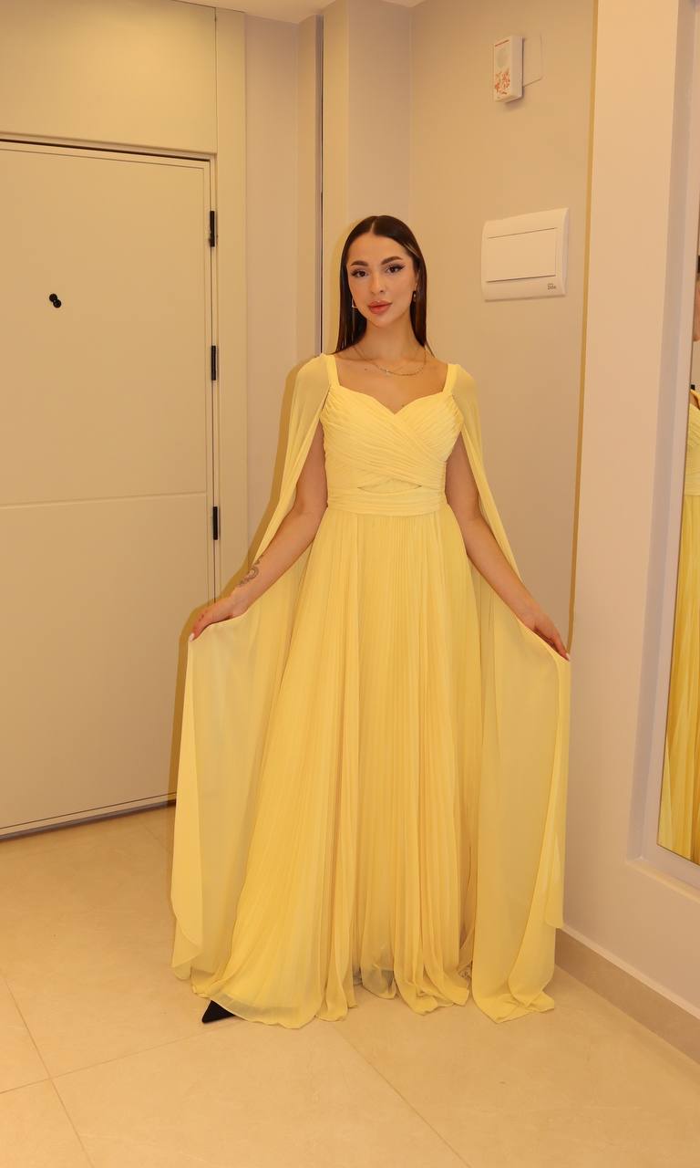 Pastel Yellow Chiffon A-Line Evening Gown with Draped Bodice & Cape Sleeves