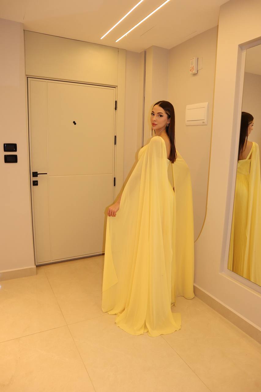 Second image of Pastel Yellow Chiffon A-Line Evening Gown with Draped Bodice & Cape Sleeves