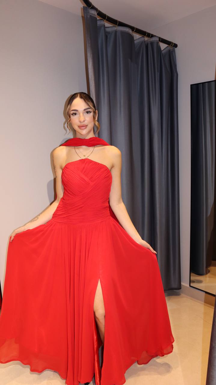 Second image of Elegant Red One-Shoulder Chiffon Evening Gown with Draped Bodice & Neck Scarf
