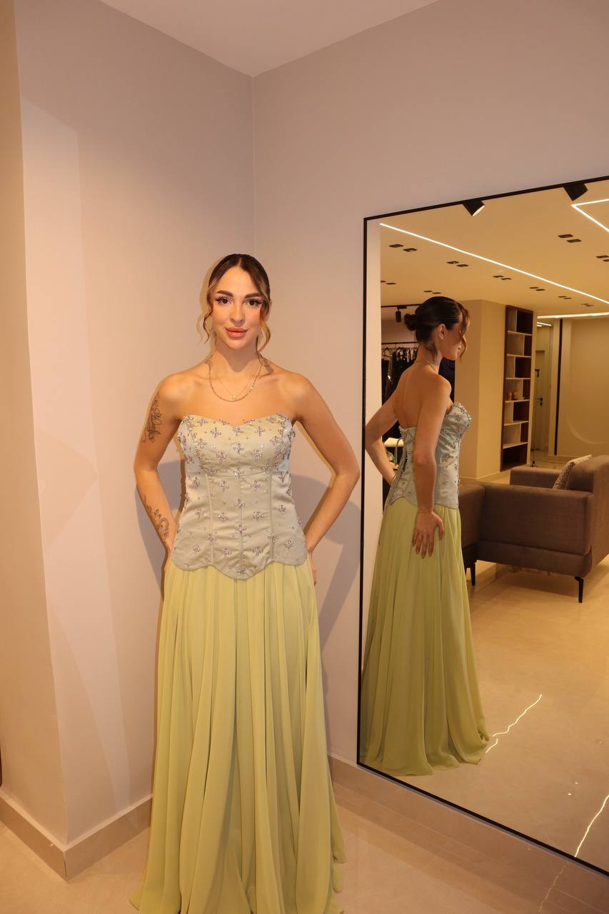 Second image of Sage Green Strapless Embellished Corset Gown with Chiffon Skirt & Neck Cape