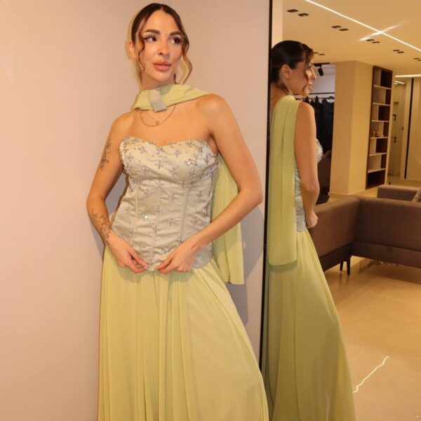 Sage Green Strapless Embellished Corset Gown with Chiffon Skirt & Neck Cape