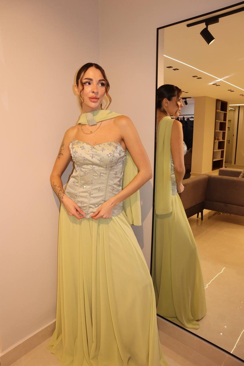 Sage Green Strapless Embellished Corset Gown with Chiffon Skirt & Neck Cape