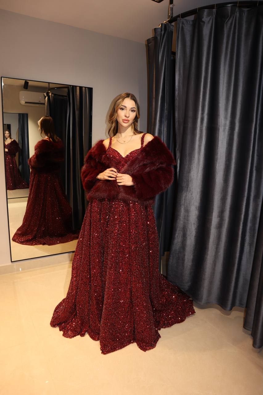 Burgundy Glitz Sequin Ball Gown with Faux Fur Stole