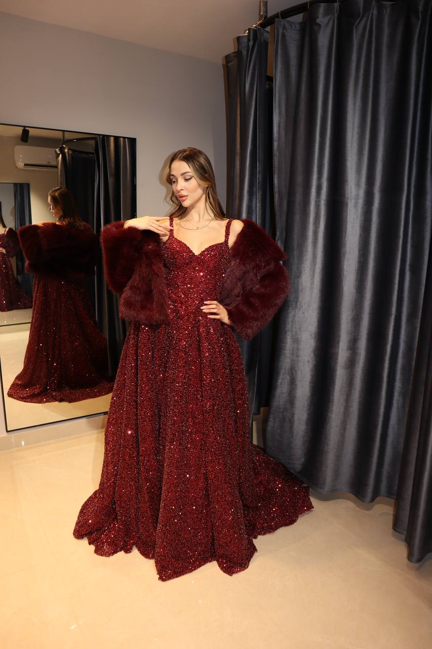 Second image of Burgundy Glitz Sequin Ball Gown with Faux Fur Stole