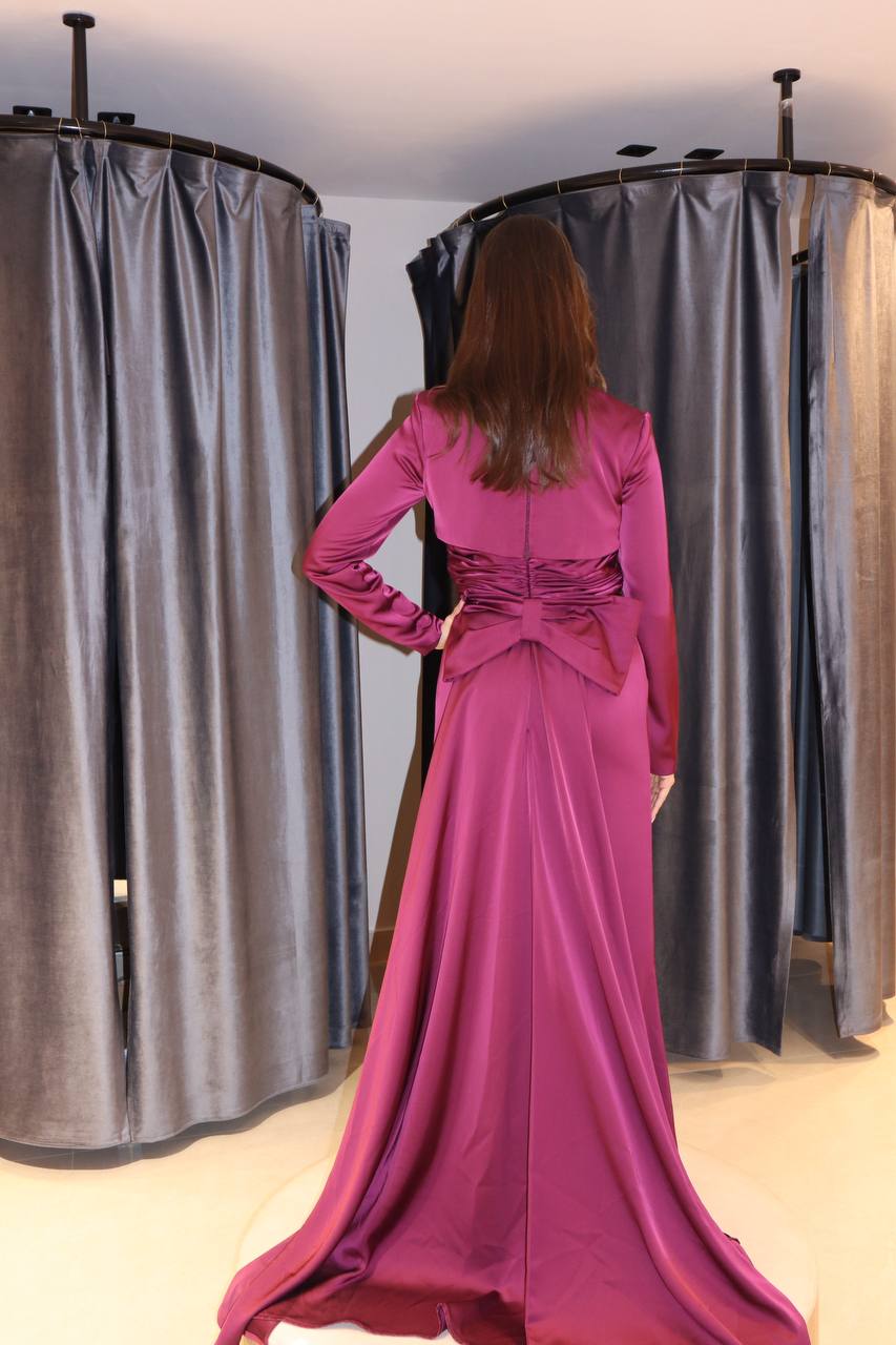 Second image of Magenta Silk-Satin Long-Sleeve Gown with Ruched Bodice