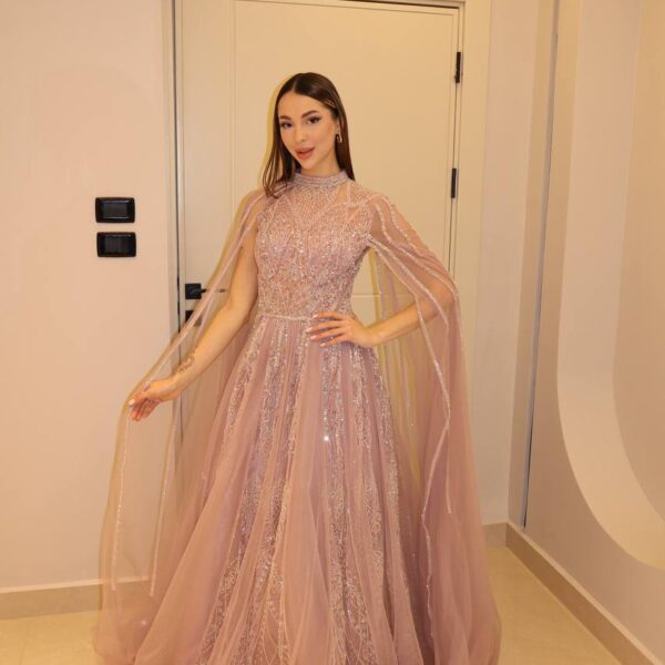 Dusty Rose Embellished Tulle Gown with Illusion Cape Sleeves