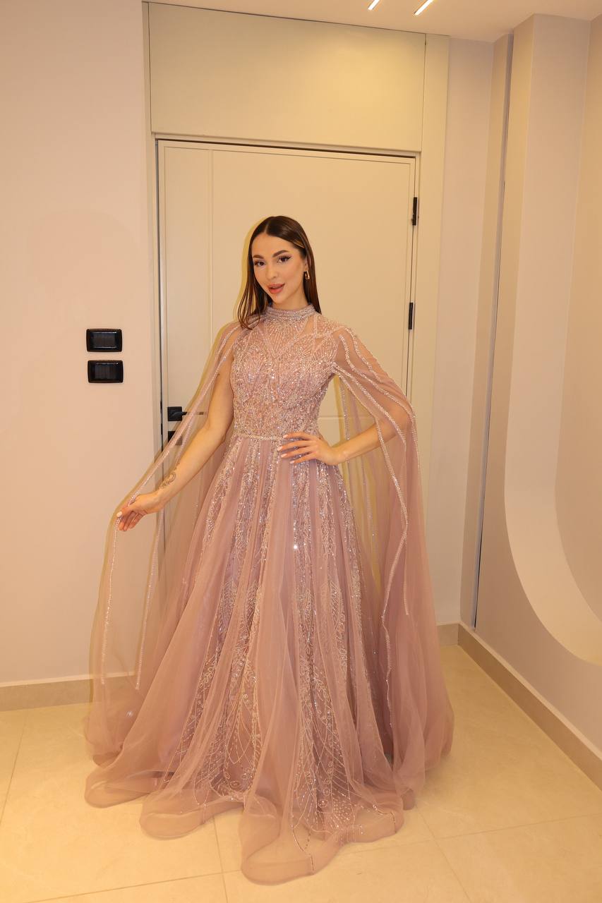 Dusty Rose Embellished Tulle Gown with Illusion Cape Sleeves