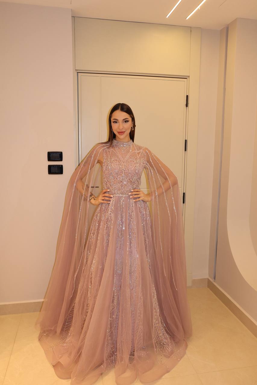 Second image of Dusty Rose Embellished Tulle Gown with Illusion Cape Sleeves