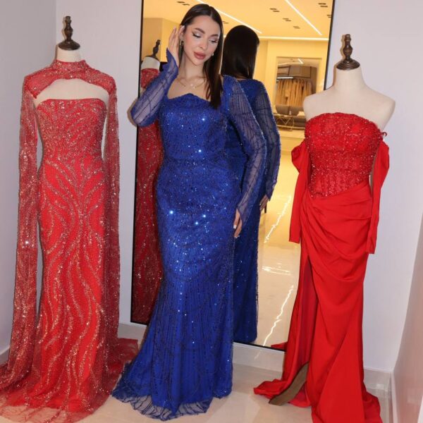Royal Cobalt Crystal-Encrusted Mermaid Gown with Sheer Long Sleeves