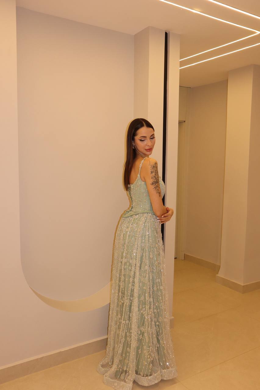 Second image of Sage Green Crystal-Encrusted Ballgown with Pointed Basque Waist