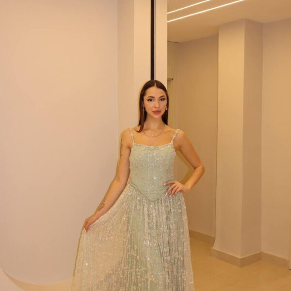 Sage Green Crystal-Encrusted Ballgown with Pointed Basque Waist
