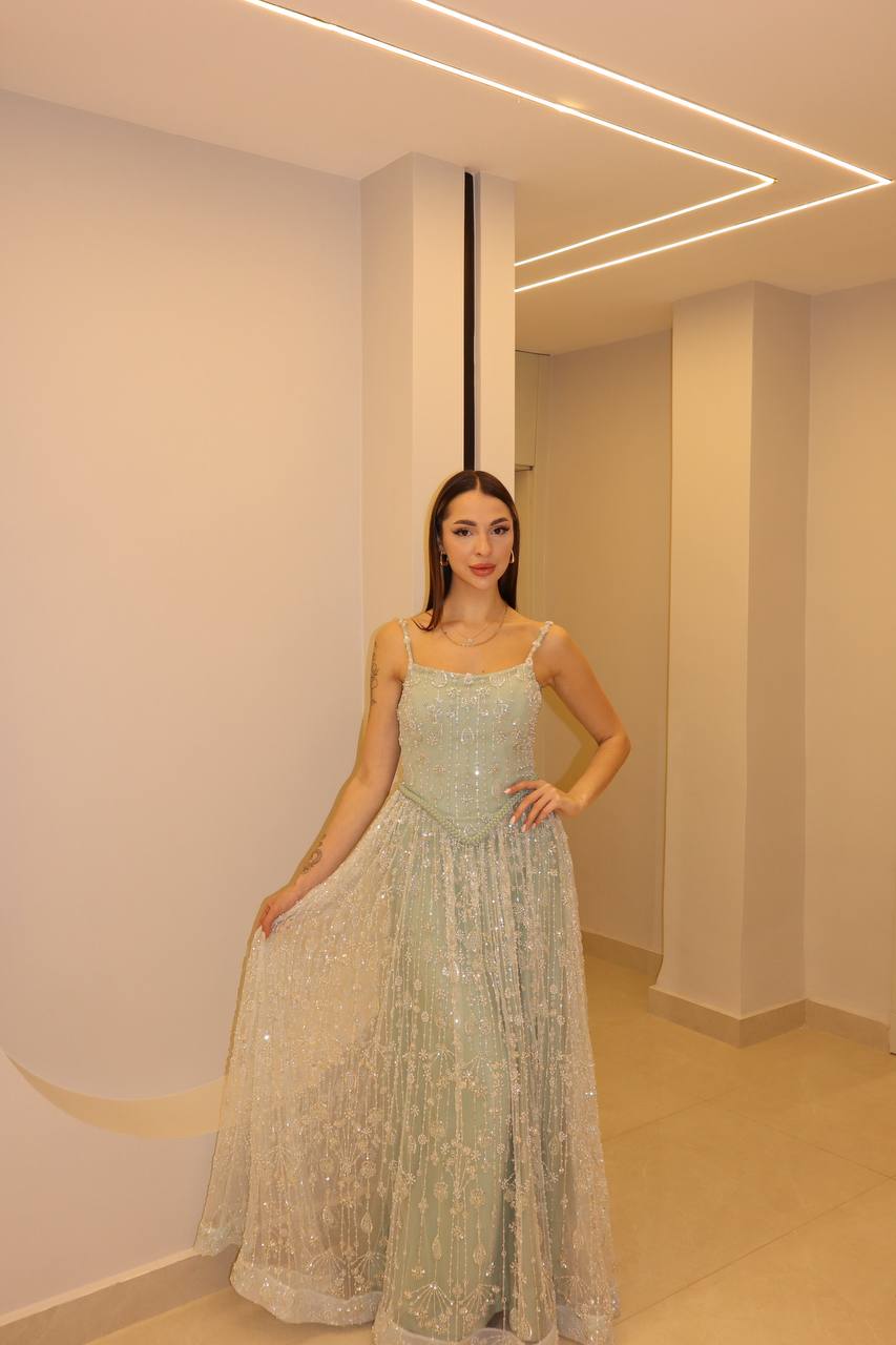 Sage Green Crystal-Encrusted Ballgown with Pointed Basque Waist