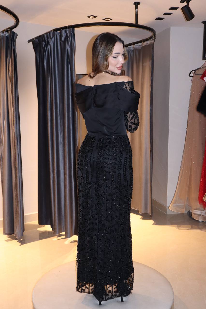 Second image of Midnight Onyx Beaded Gown with Sculptural Off-Shoulder Draping