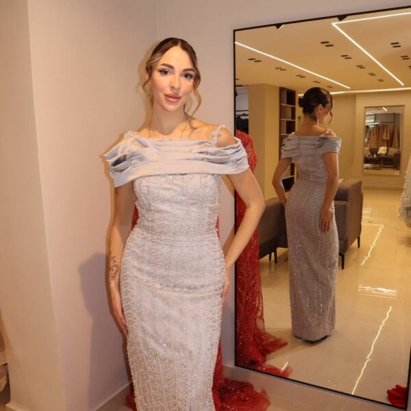 Silver Mist Off-Shoulder Column Gown with Sculpted Ruched Neckline