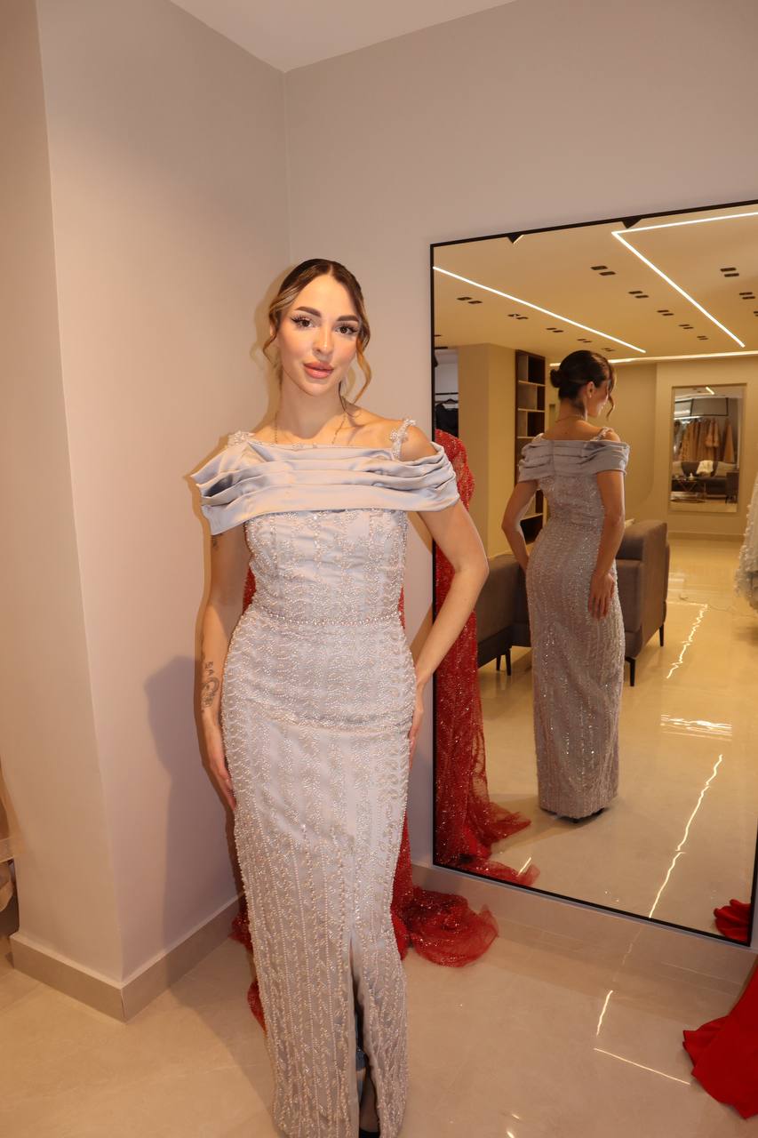 Silver Mist Off-Shoulder Column Gown with Sculpted Ruched Neckline