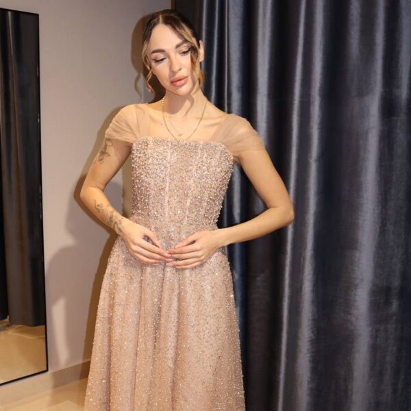 Champagne Crystal-Encrusted Ball Gown with Tulle Cap Sleeves