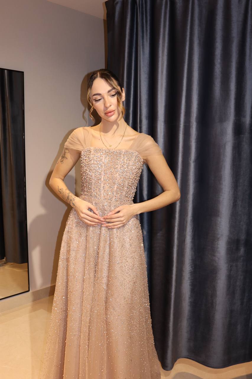 Champagne Crystal-Encrusted Ball Gown with Tulle Cap Sleeves