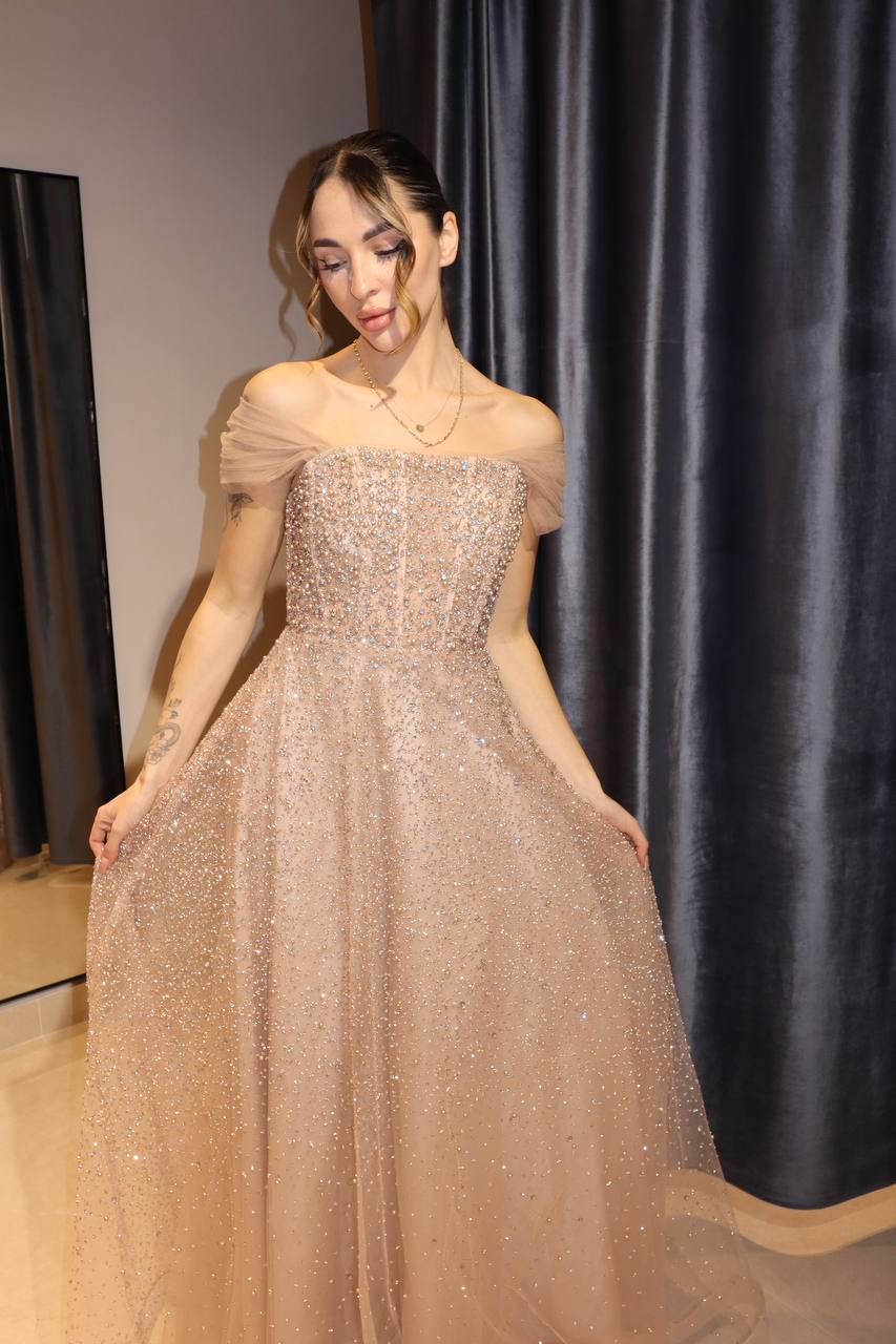 Second image of Champagne Crystal-Encrusted Ball Gown with Tulle Cap Sleeves