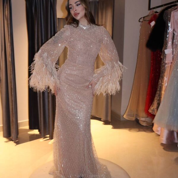Champagne Shimmer High-Neck Gown with Feather-Trimmed Bishop Sleeves