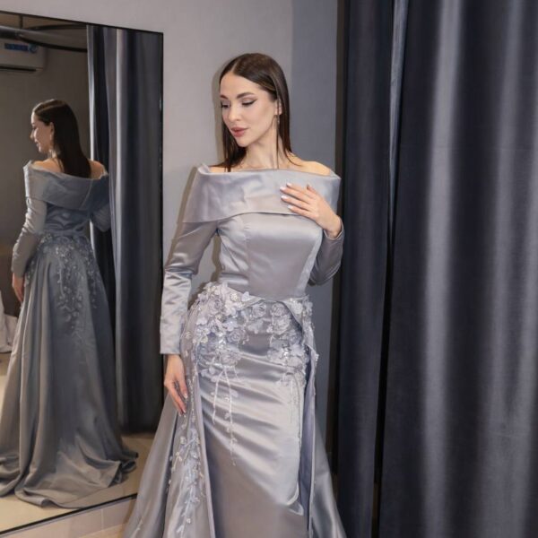 Steel Grey Silk-Satin Gown with 3D Floral Basqued Waist