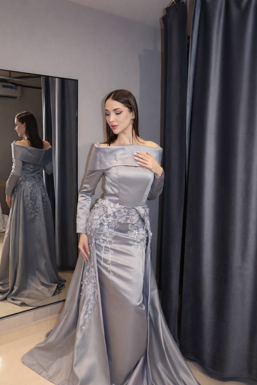 Steel Grey Silk-Satin Gown with 3D Floral Basqued Waist