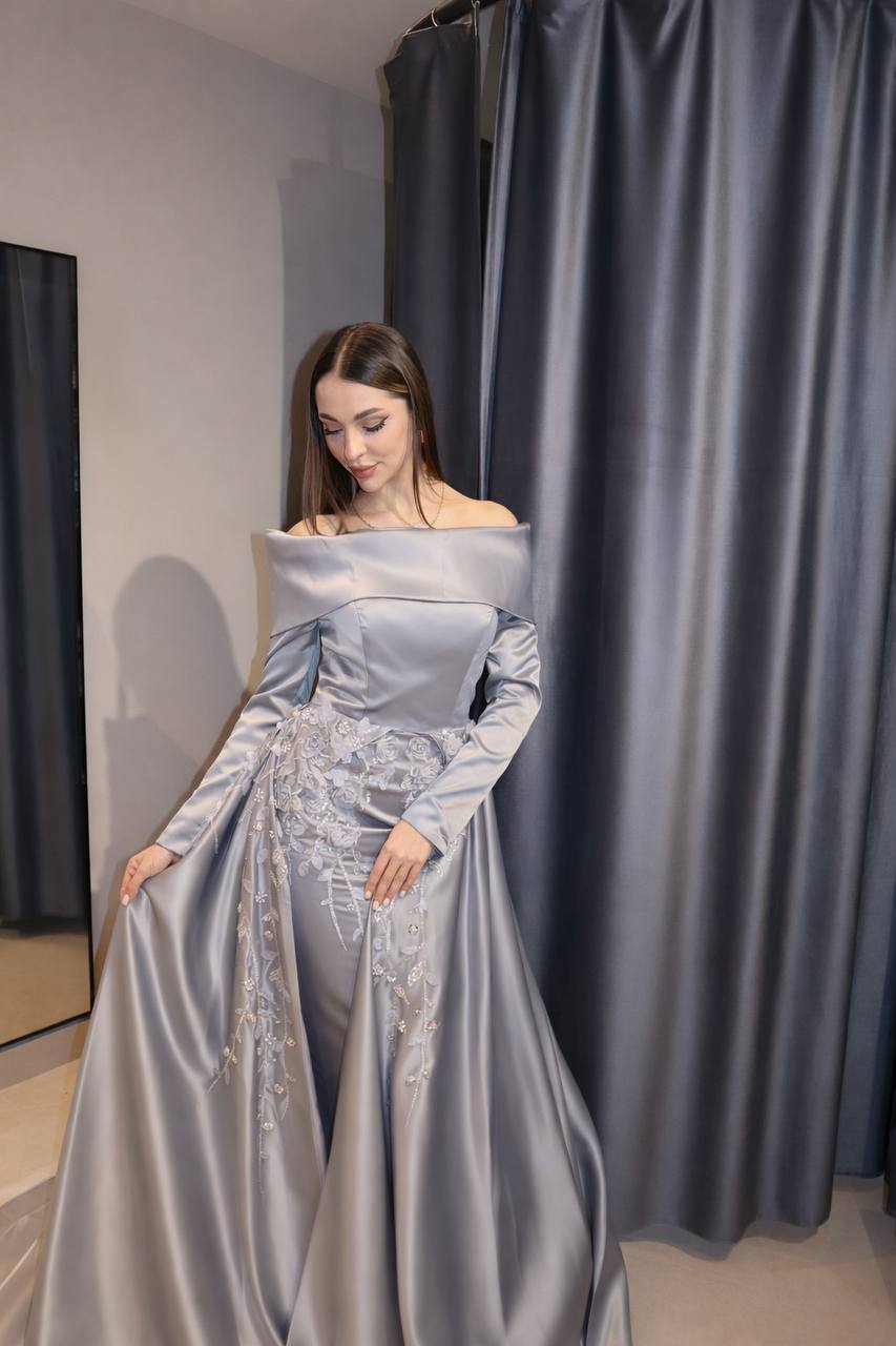 Second image of Steel Grey Silk-Satin Gown with 3D Floral Basqued Waist