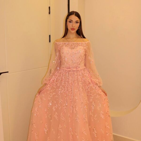 Peach Blossom Off-Shoulder Ballgown with Sheer Bishop Sleeves and Floral Sequin Embroidery