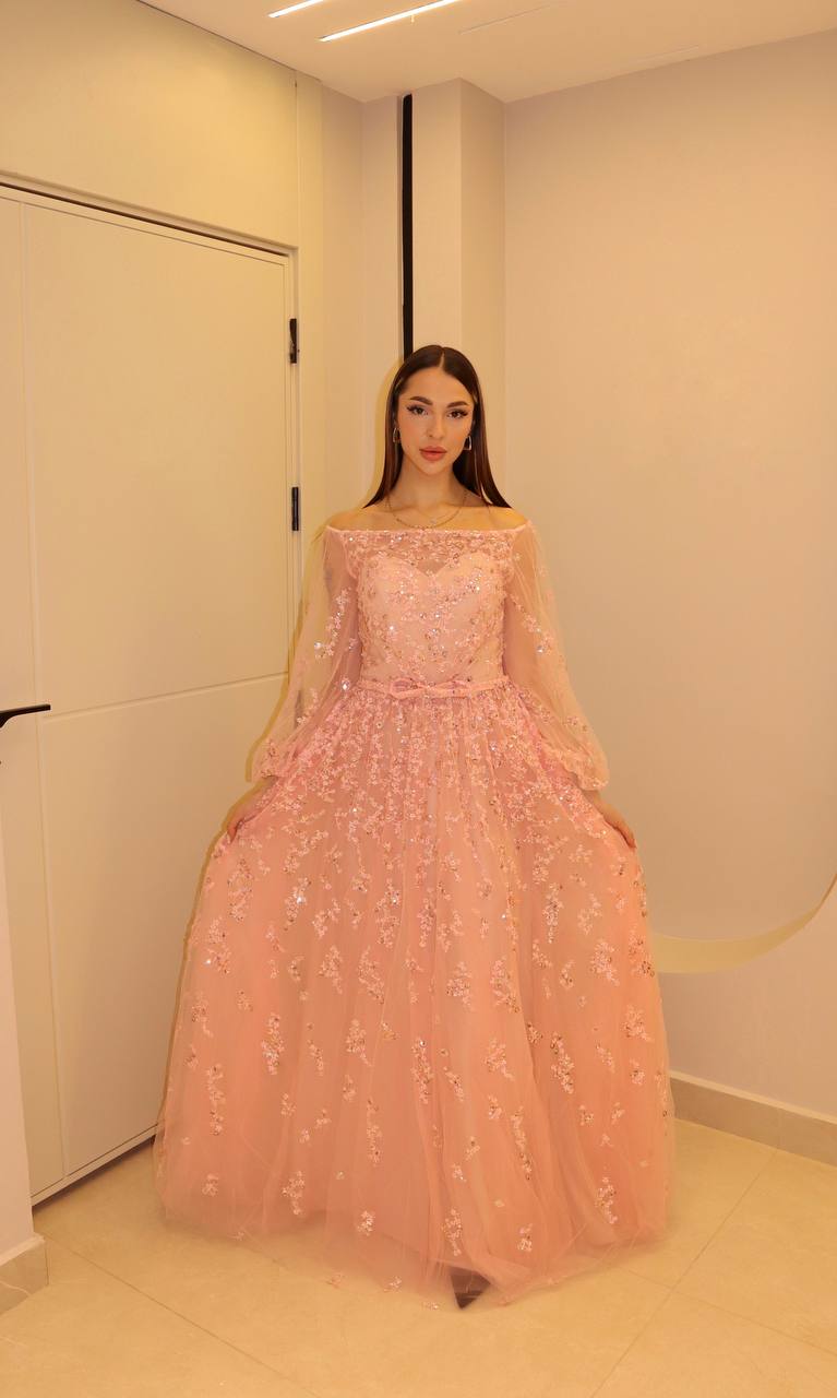 Peach Blossom Off-Shoulder Ballgown with Sheer Bishop Sleeves and Floral Sequin Embroidery