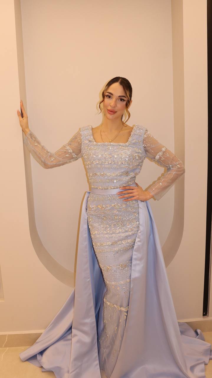 Powder Blue Celestial Encrusted Column Gown with Satin Overskirt