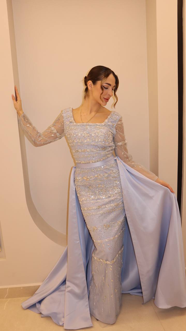 Second image of Powder Blue Celestial Encrusted Column Gown with Satin Overskirt