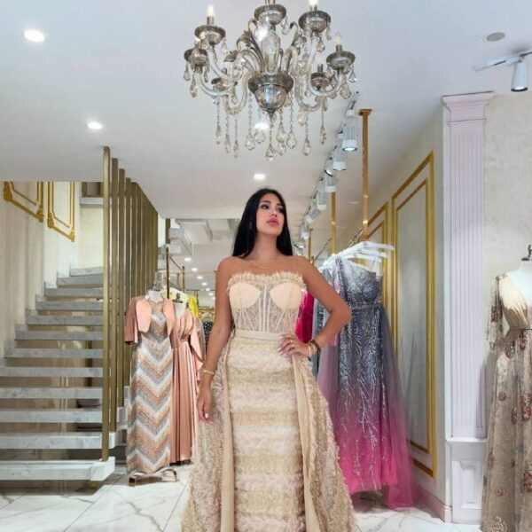 Champagne Gold Corset-Style Column Gown with Tiered Ruffle Overlay