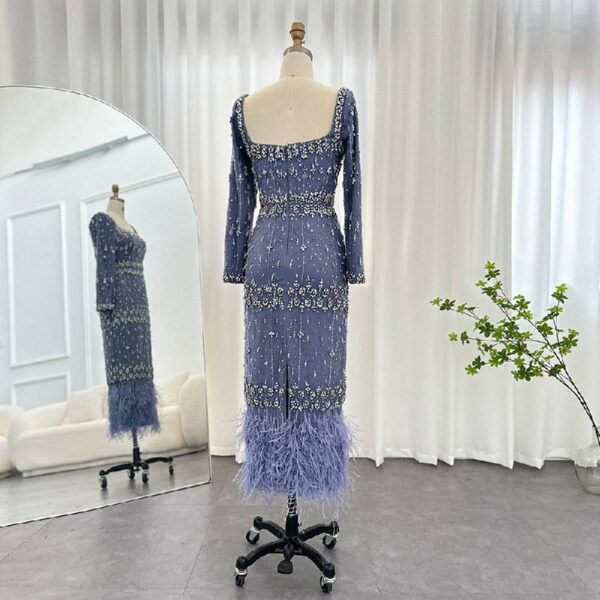 Periwinkle Blue Crystal Column Midi Dress with Feather Hem