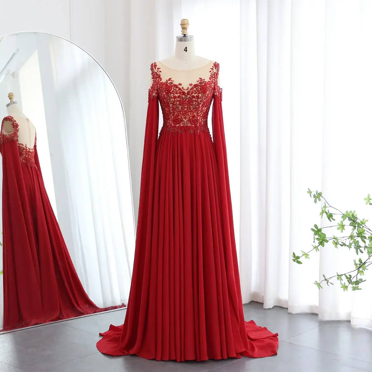 Crimson Enchantment A-Line Gown with Embroidered Illusion Bodice and Draped Cape Sleeves