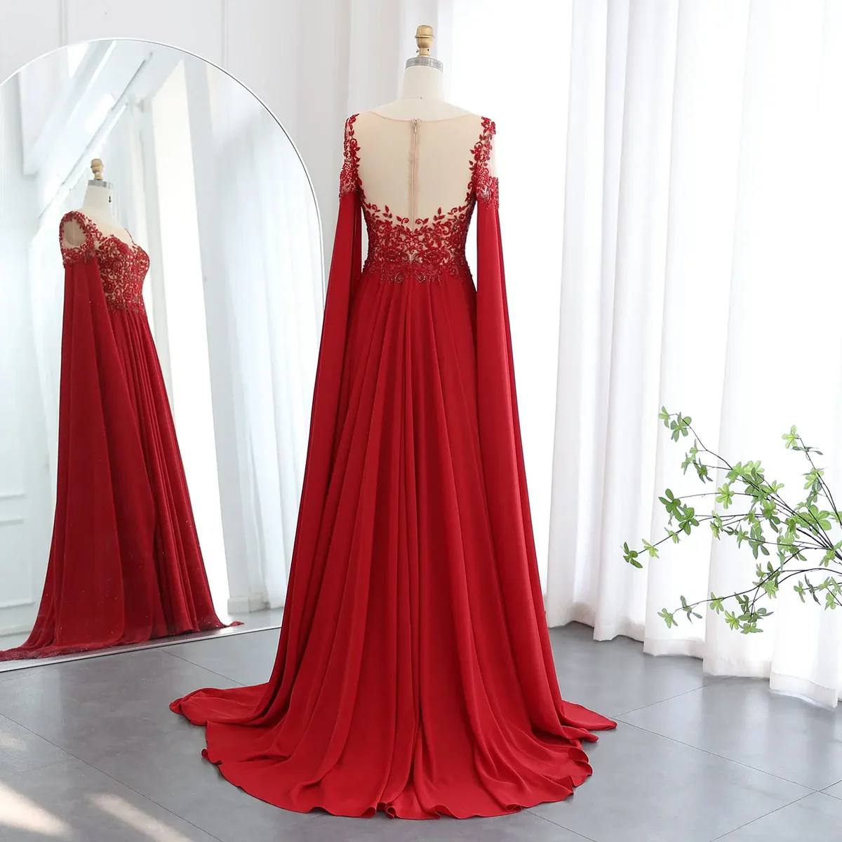 Second image of Crimson Enchantment A-Line Gown with Embroidered Illusion Bodice and Draped Cape Sleeves