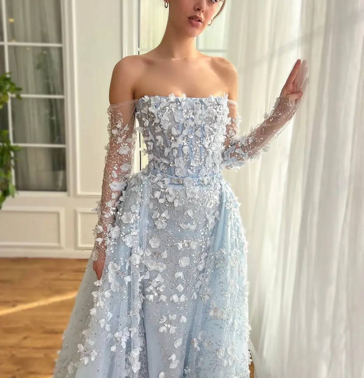 Second image of Powder Blue 3D Floral Appliqué Gown with Sheer Off-Shoulder Sleeves and Overskirt