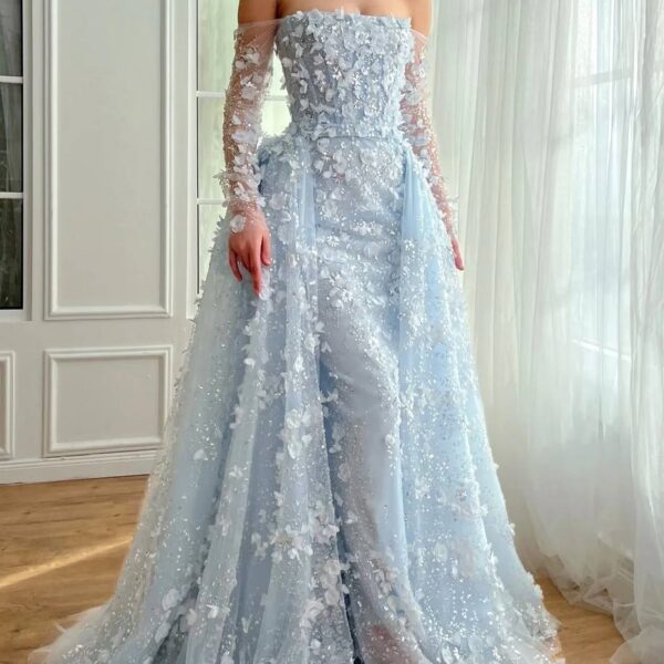 Powder Blue 3D Floral Appliqué Gown with Sheer Off-Shoulder Sleeves and Overskirt