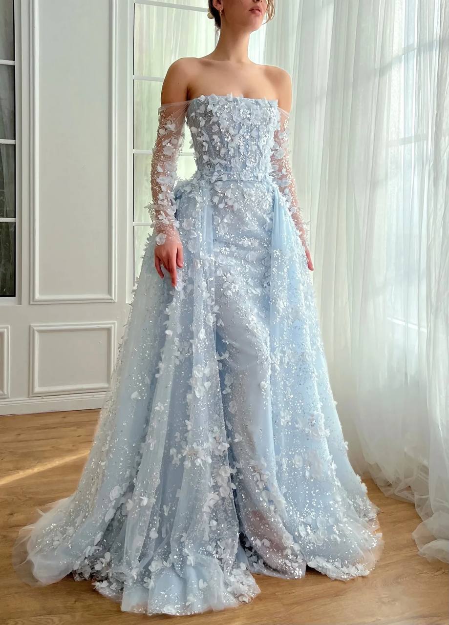 Powder Blue 3D Floral Appliqué Gown with Sheer Off-Shoulder Sleeves and Overskirt