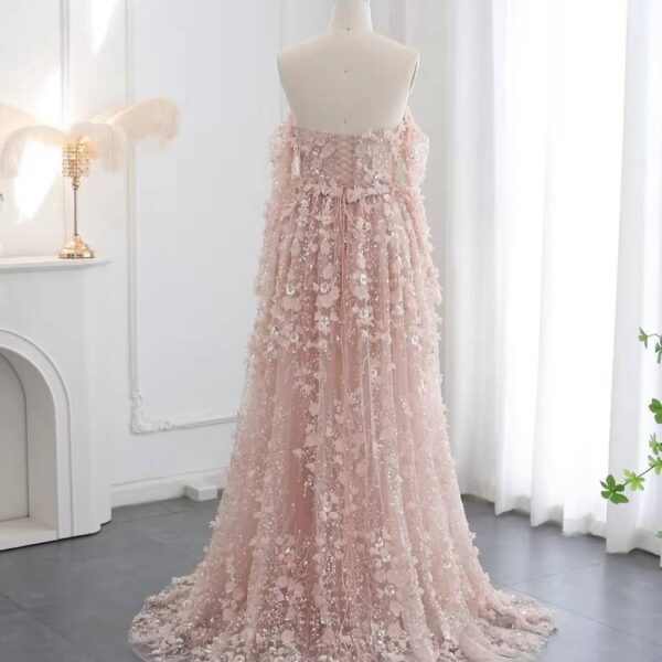 Blush Rose 3D Floral Gown with Off-Shoulder Sheer Sleeves and Detachable Overskirt