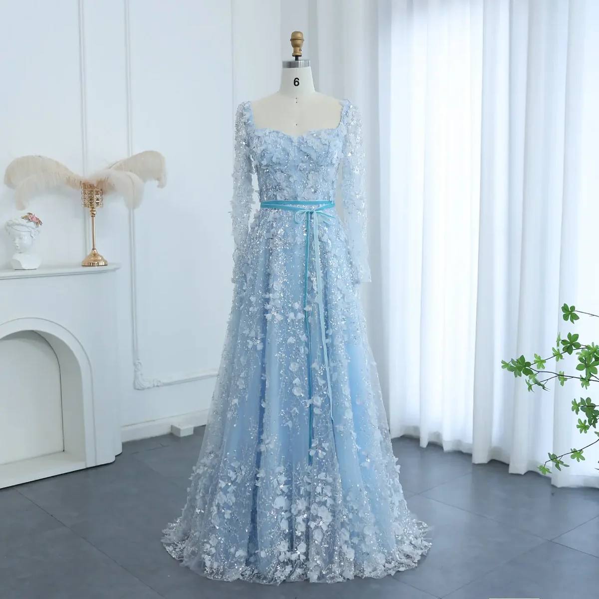 Powder Blue Enchantment A-Line Gown with 3D Floral Appliqués and Long Sleeves